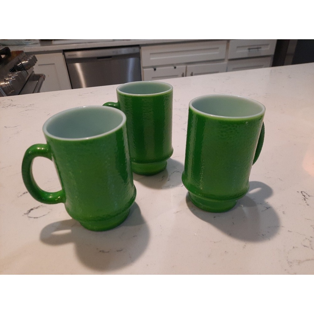 Vintage Mid Century Green Hazel Atlas Orange Peel Textured Milk Glass Mug Cup...